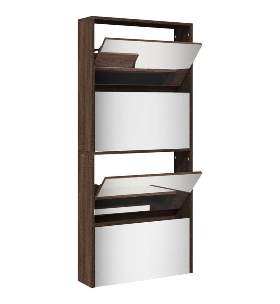 Schuhschrank mit Spiegel 4 Fächer Braun Eiche-Optik 63x17x134cm