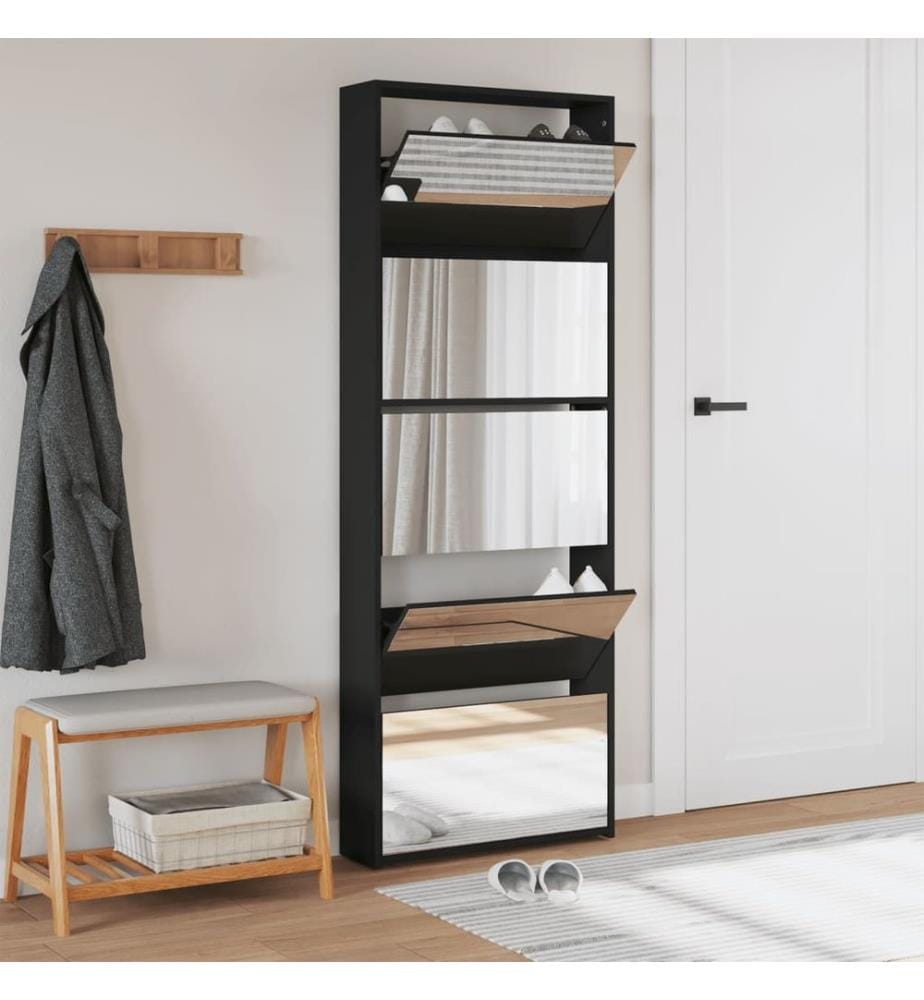 Schuhschrank mit Spiegel 5 Fächer Schwarz 63x17x169,5 cm