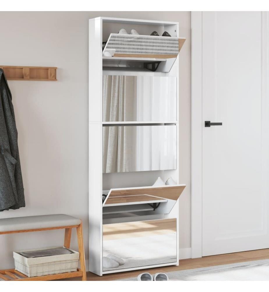 Schuhschrank mit Spiegel 5 Fächer Hochglanz-Weiss 63x17x169,5 cm
