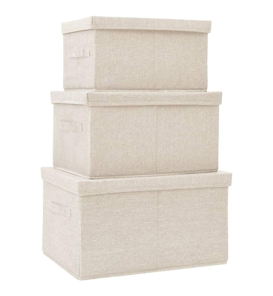 3-tlg. Aufbewahrungsboxen-Set Stapelbar Stoff Creme
