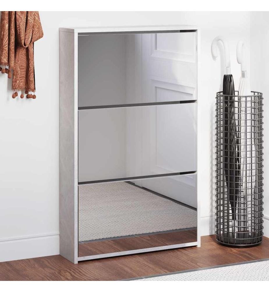 Schuhschrank mit Spiegel 3 Fächer Betongrau 63x17x102,5 cm