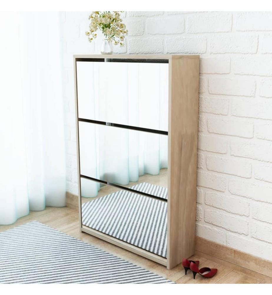 Schuhschrank mit 3 Fächern Spiegel Eiche-Optik 63x17x102,5 cm