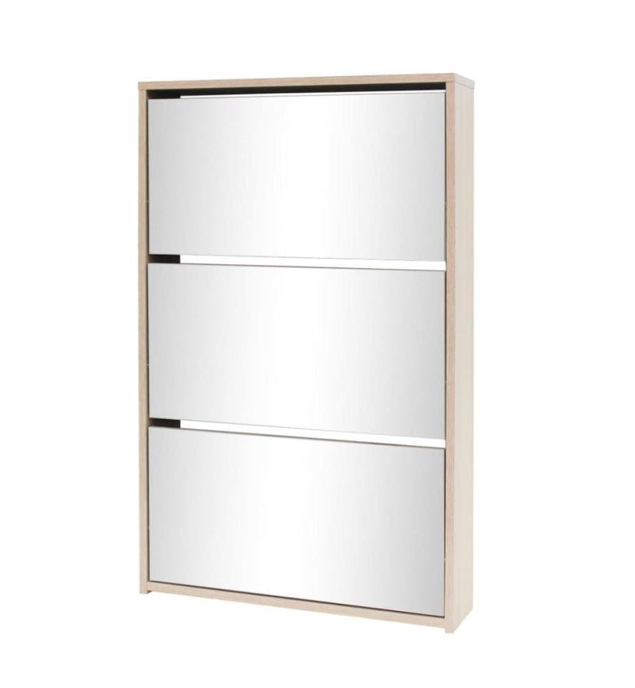 Schuhschrank mit 3 Fächern Spiegel Eiche-Optik 63x17x102,5 cm