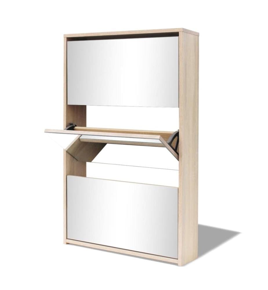 Schuhschrank mit 3 Fächern Spiegel Eiche-Optik 63x17x102,5 cm
