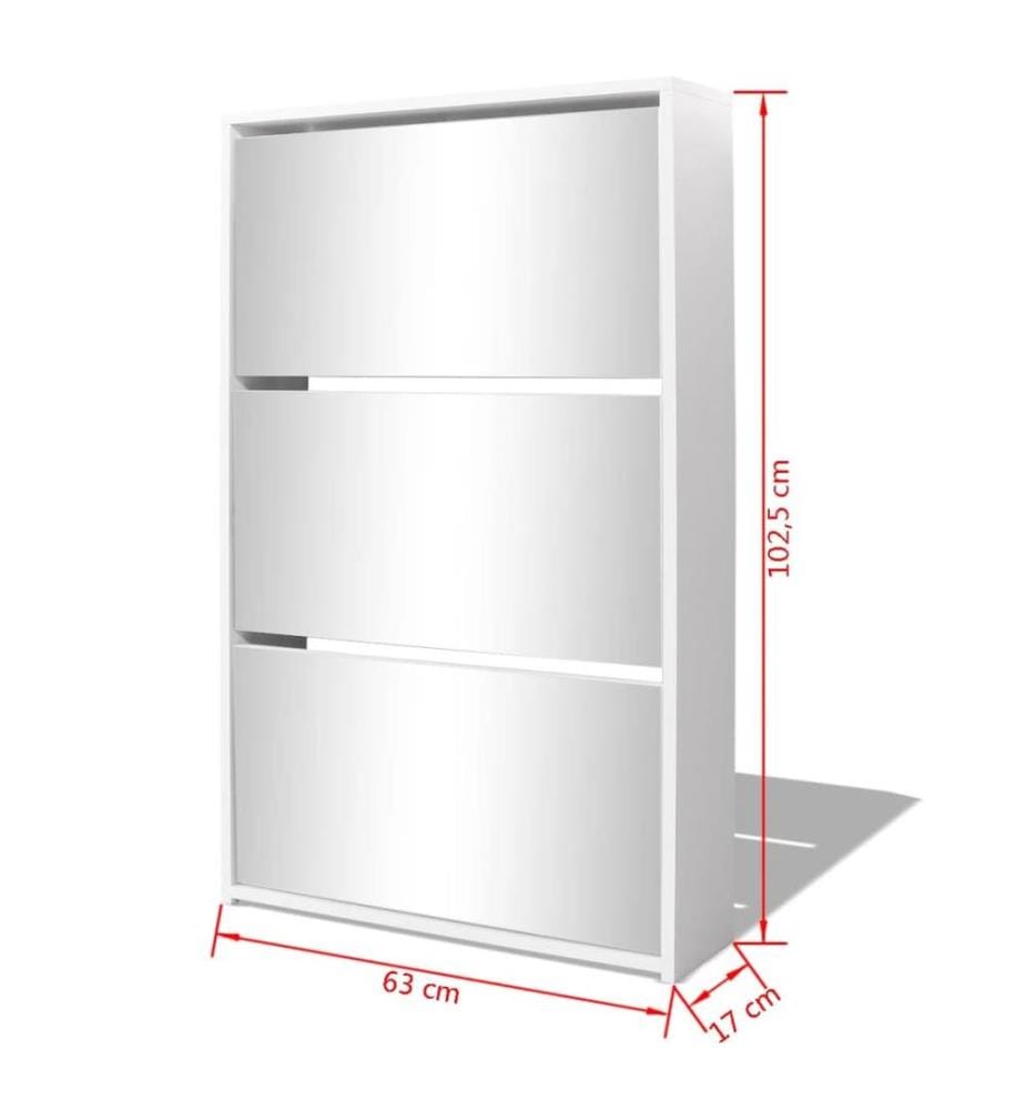 Schuhschrank mit 3 Fächern Spiegel Weiss 63x17x102,5 cm