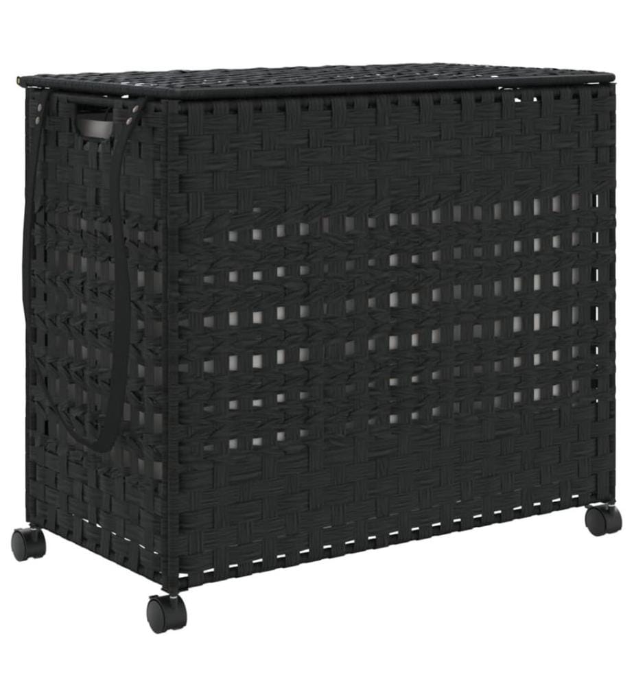 Panier à linge avec roulettes noir 66x35x60 cm résine tressée