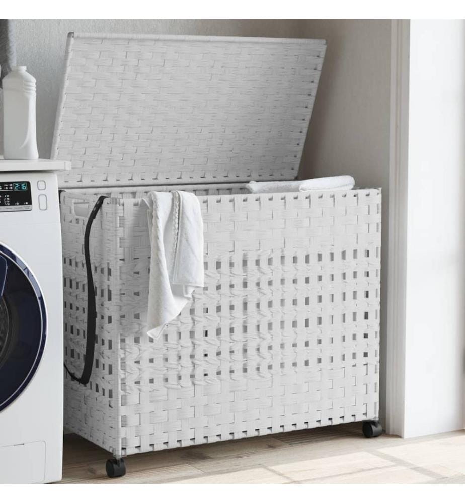 Panier à linge avec roulettes blanc 66x35x60 cm résine tressée