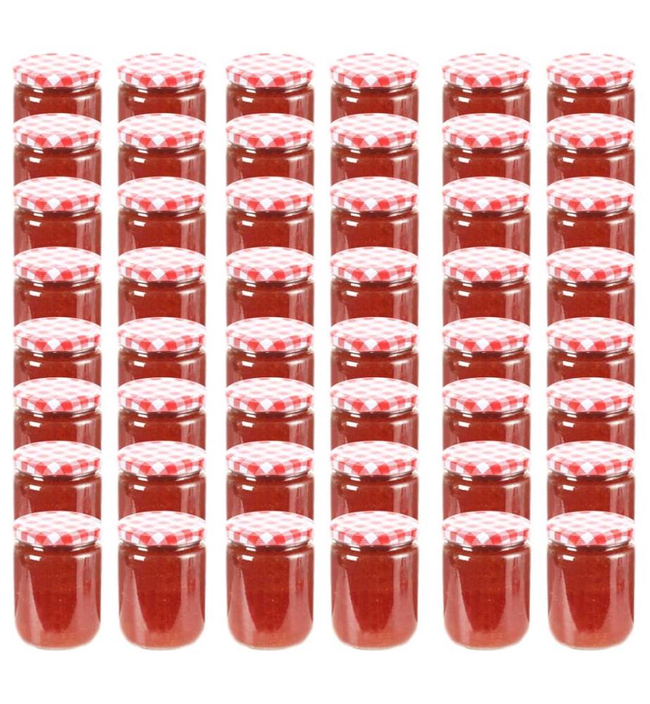48 pcs Pots à confiture Couvercle blanc et rouge Verre 230 ml