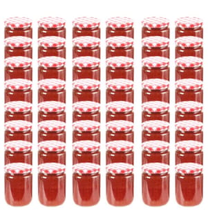 48 pcs Pots à confiture Couvercle blanc et rouge Verre 230 ml