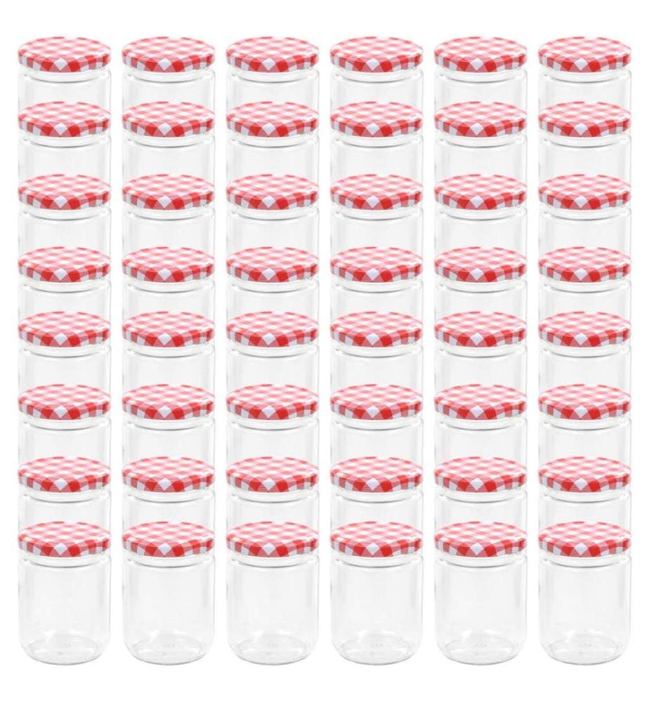 48 pcs Pots à confiture Couvercle blanc et rouge Verre 230 ml