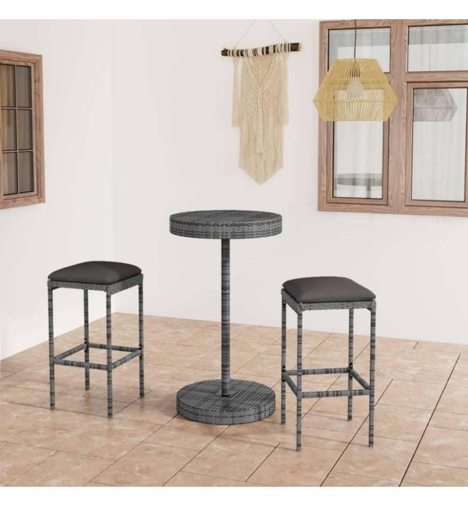 3-tlg. Gartenbar-Set mit Kissen Poly Rattan Grau
