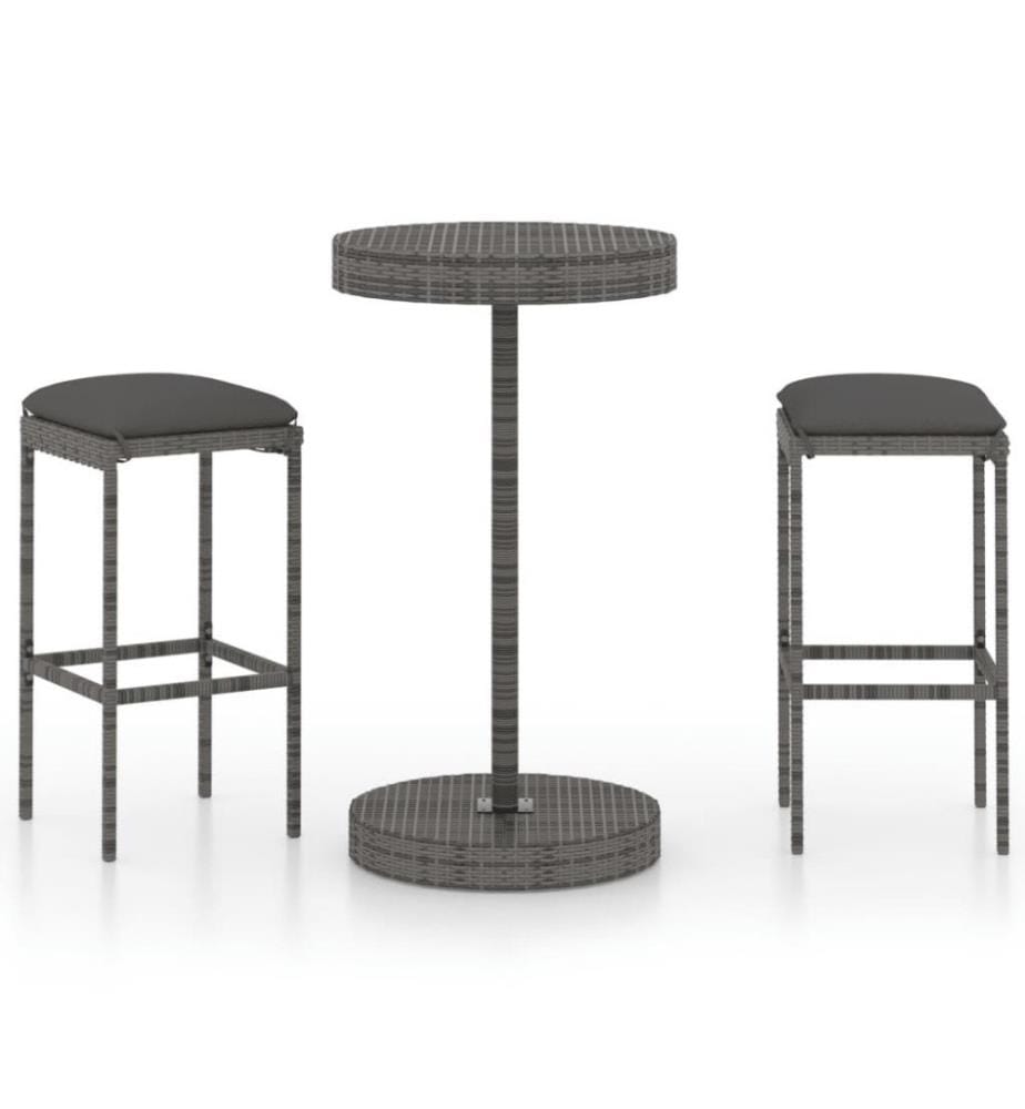 3-tlg. Gartenbar-Set mit Kissen Poly Rattan Grau