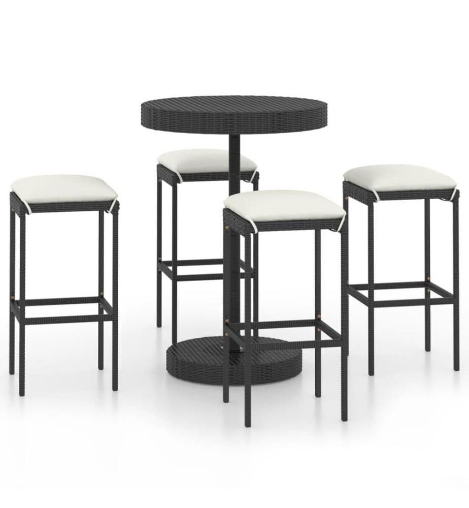 5-tlg. Gartenbar-Set mit Kissen Poly Rattan Schwarz