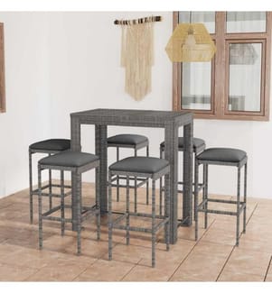 7-tlg. Gartenbar-Set mit Kissen Poly Rattan Grau