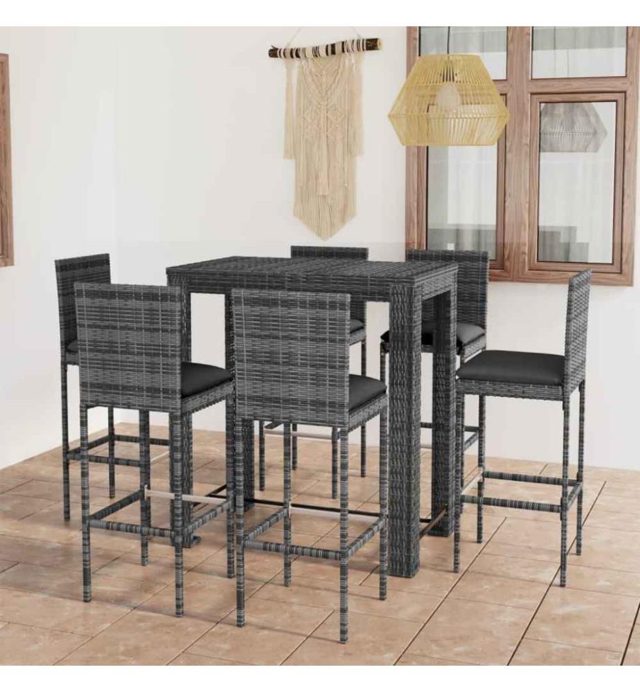 7-tlg. Gartenbar-Set mit Kissen Poly Rattan Grau