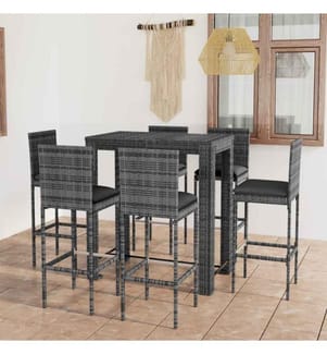 7-tlg. Gartenbar-Set mit Kissen Poly Rattan Grau