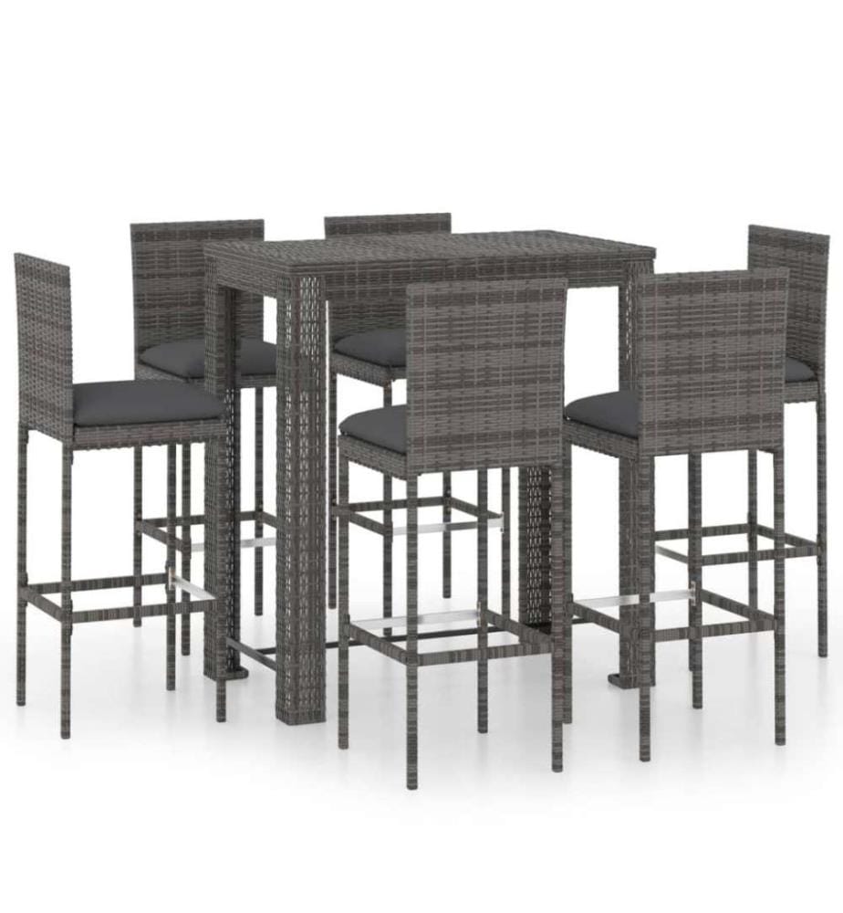 7-tlg. Gartenbar-Set mit Kissen Poly Rattan Grau