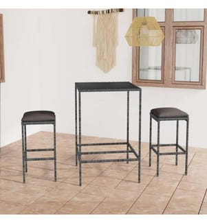 3-tlg. Gartenbar-Set mit Kissen Poly Rattan Grau