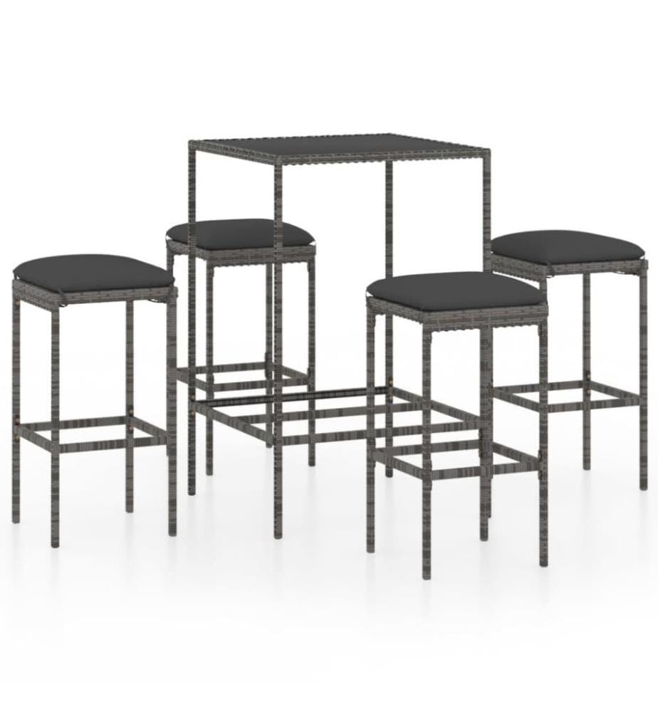 5-tlg. Gartenbar-Set mit Kissen Poly Rattan Grau