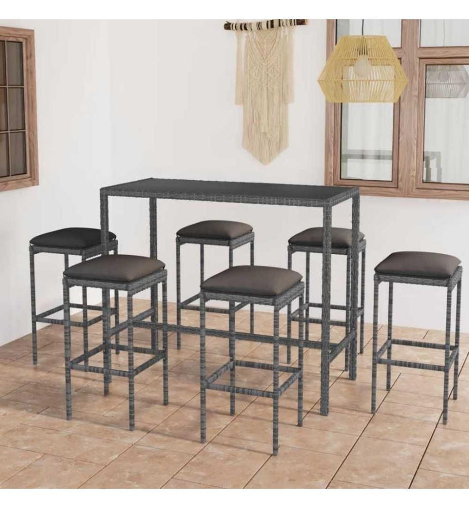 7-tlg. Gartenbar-Set mit Kissen Poly Rattan Grau