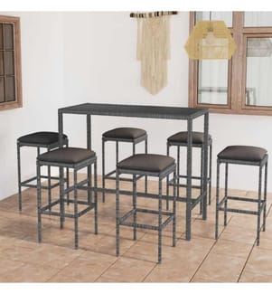 7-tlg. Gartenbar-Set mit Kissen Poly Rattan Grau