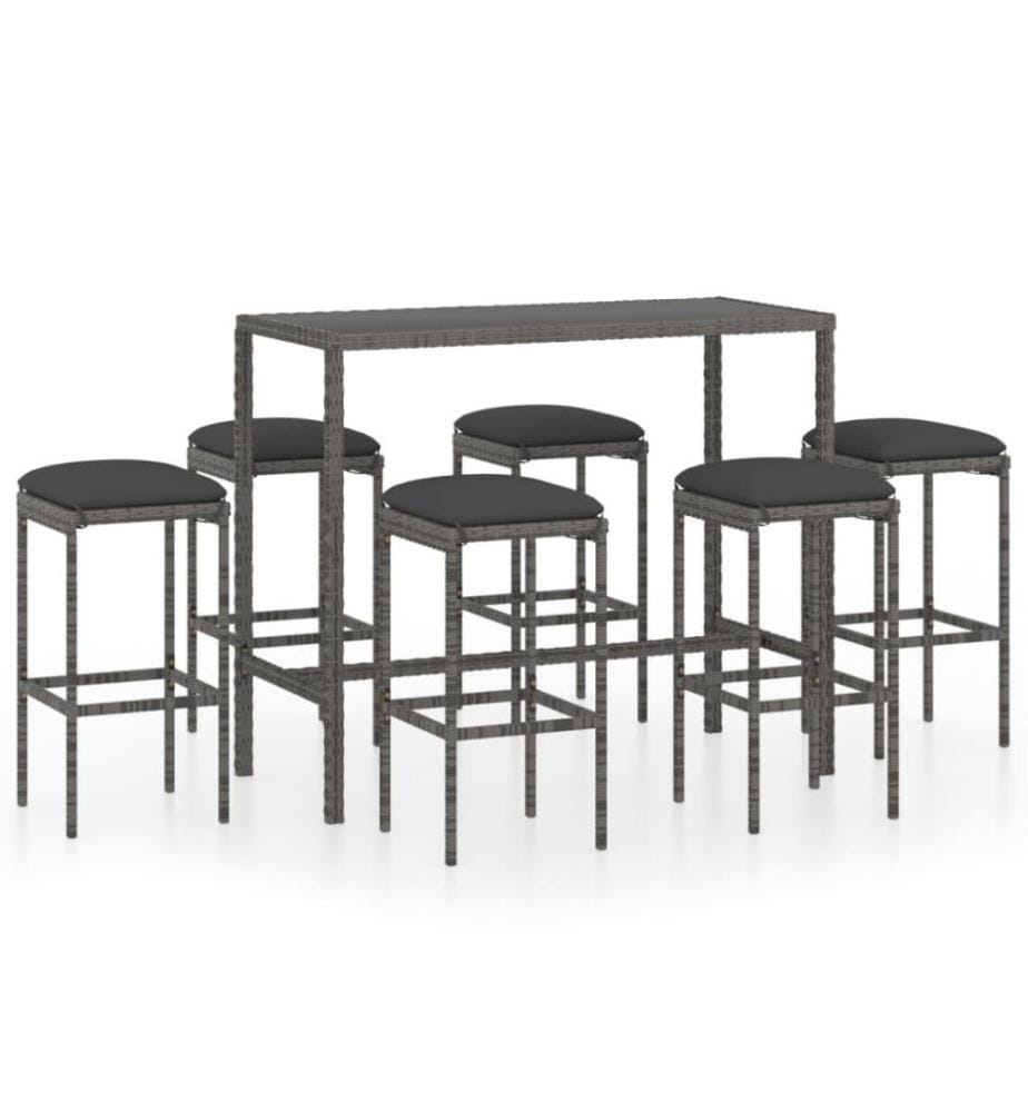 7-tlg. Gartenbar-Set mit Kissen Poly Rattan Grau