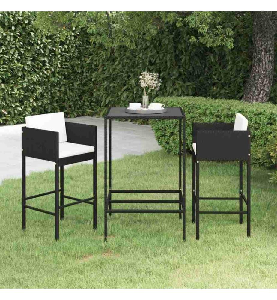 3-tlg. Gartenbar-Set mit Kissen Poly Rattan Schwarz