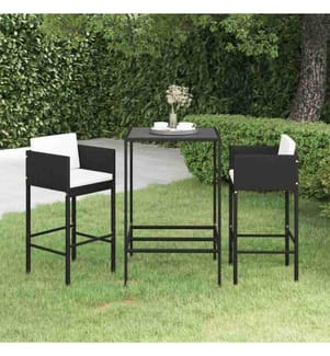 3-tlg. Gartenbar-Set mit Kissen Poly Rattan Schwarz