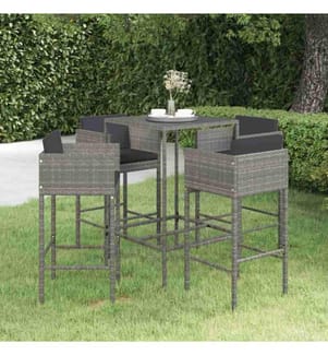 5-tlg. Gartenbar-Set mit Kissen Poly Rattan Grau