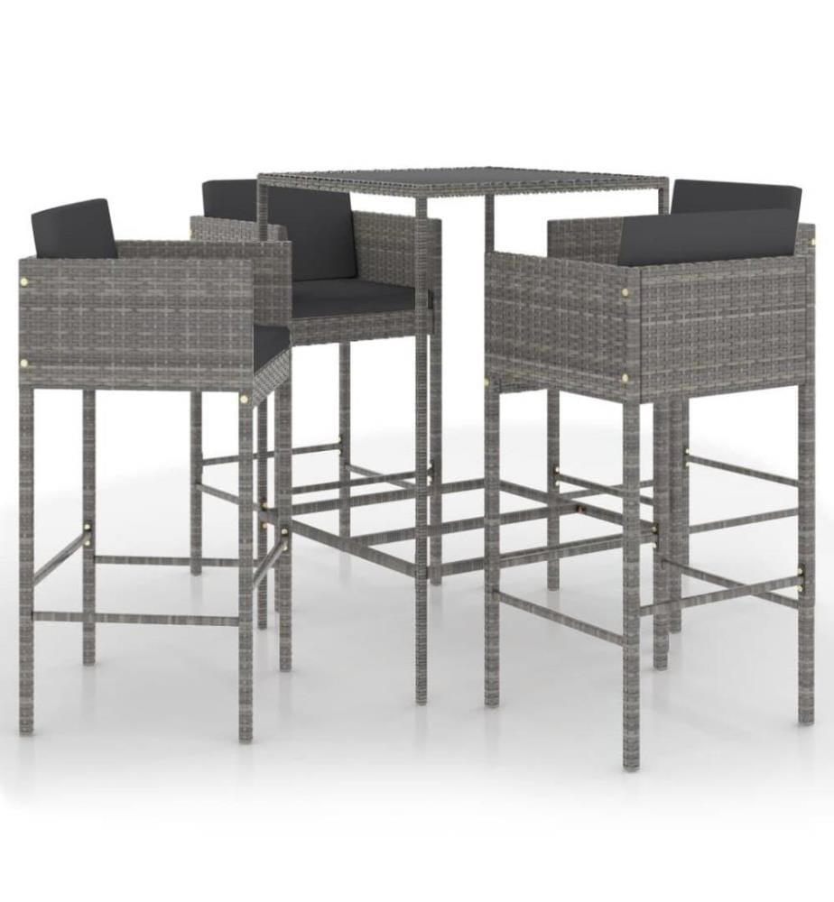 5-tlg. Gartenbar-Set mit Kissen Poly Rattan Grau