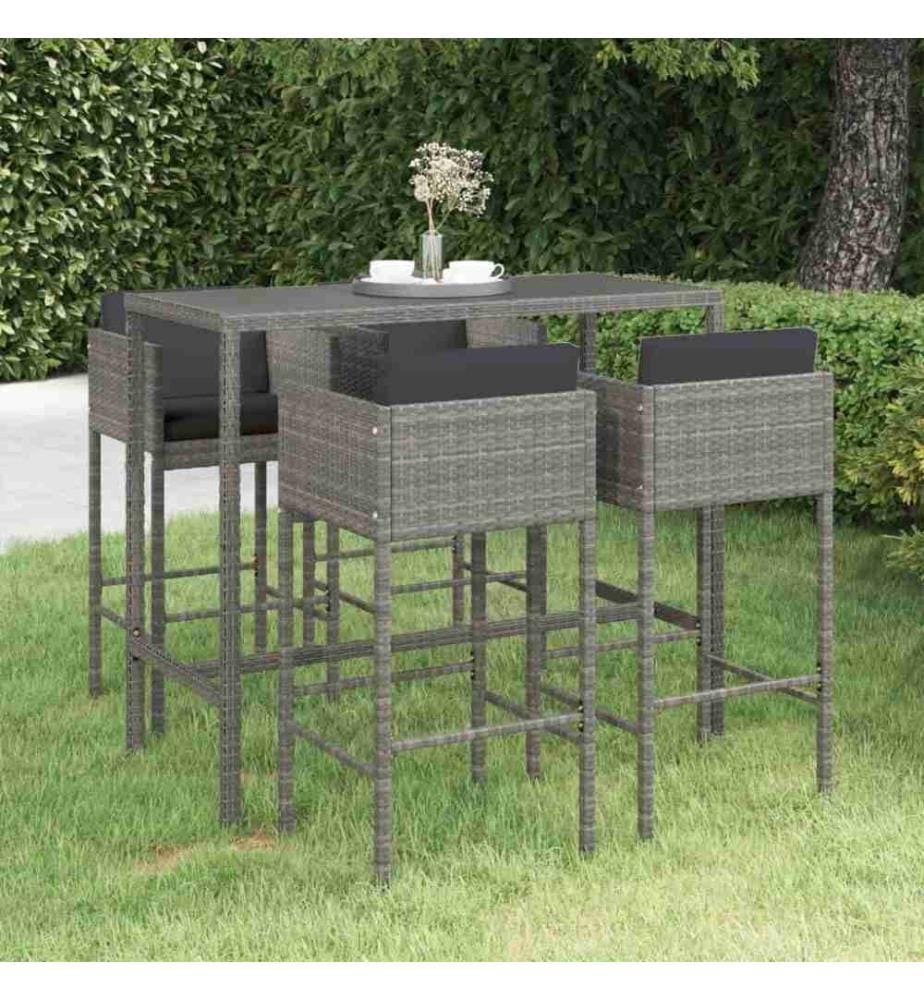 5-tlg. Gartenbar-Set mit Kissen Poly Rattan Grau