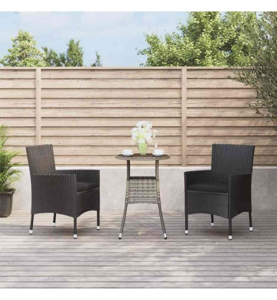 Ensemble de bistro de jardin 3 pcs coussins noir poly rotin
