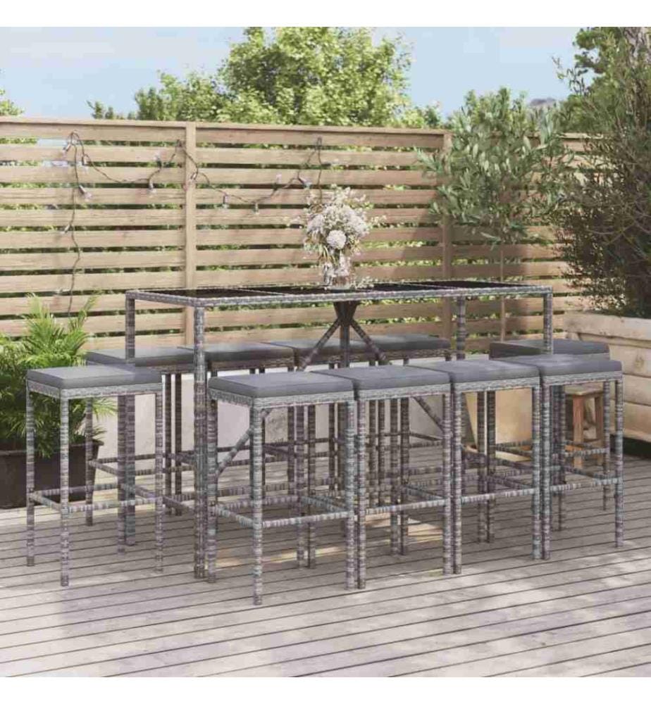 11-tlg. Gartenbar-Set mit Kissen Grau Poly Rattan