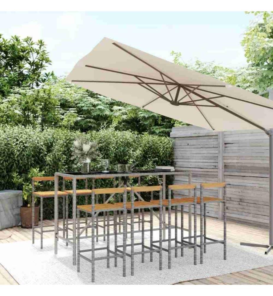 9-tlg. Gartenbar-Set Grau Poly Rattan & Massivholz Akazie
