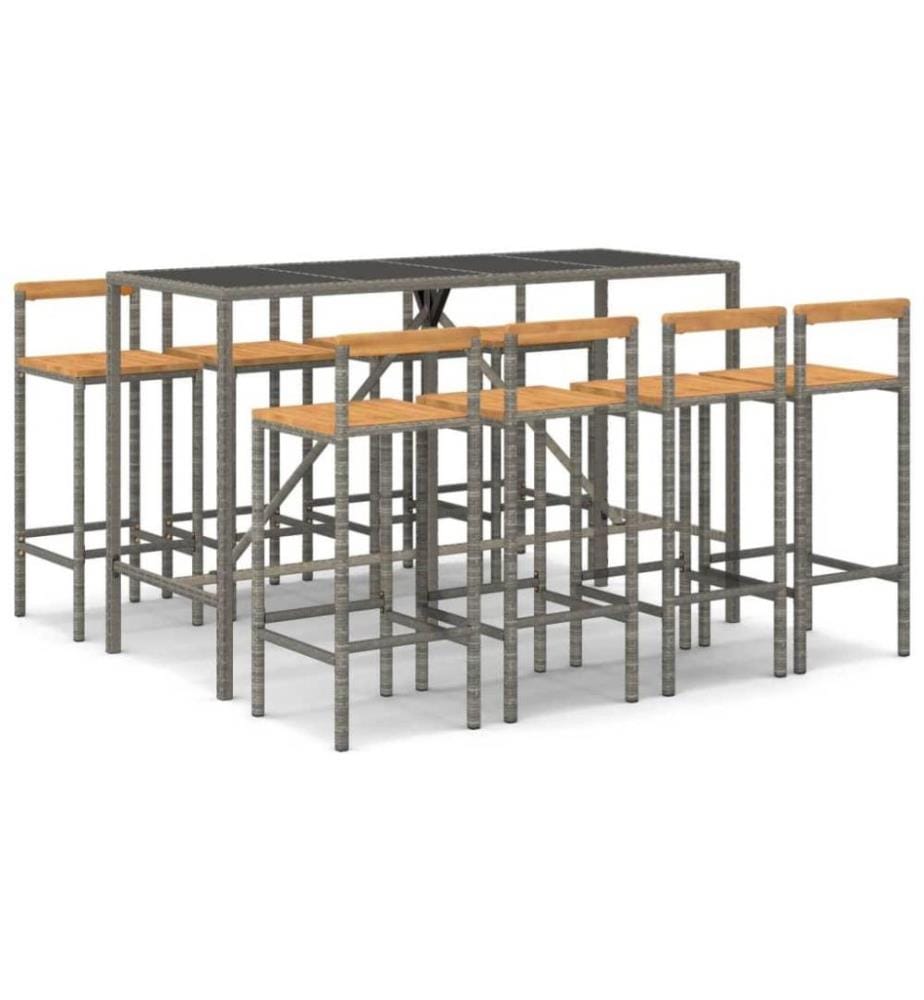 9-tlg. Gartenbar-Set Grau Poly Rattan & Massivholz Akazie