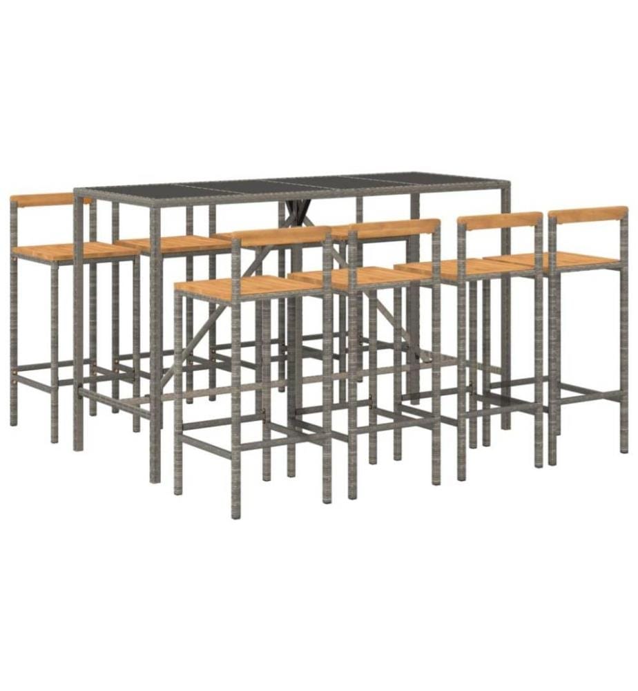 9-tlg. Gartenbar-Set Grau Poly Rattan & Massivholz Akazie