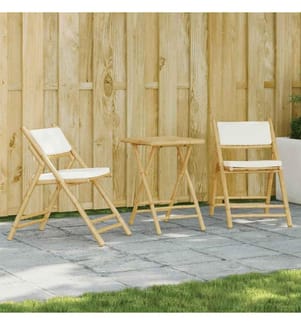 3-tlg. Bistro-Set Klappbar mit Cremeweissen Kissen Bambus