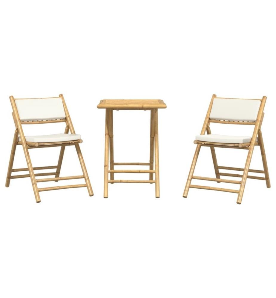 3-tlg. Bistro-Set Klappbar mit Cremeweissen Kissen Bambus
