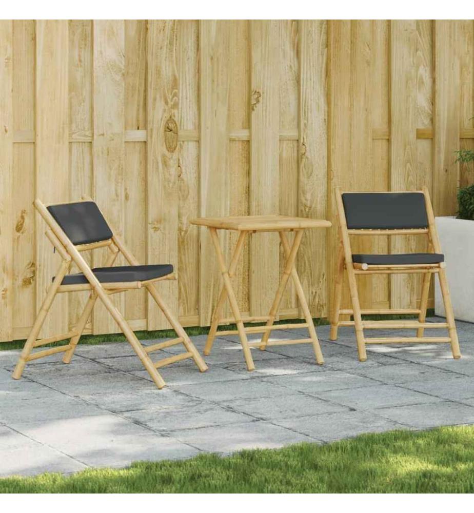 3-tlg. Bistro-Set Klappbar mit Dunkelgrauen Kissen Bambus