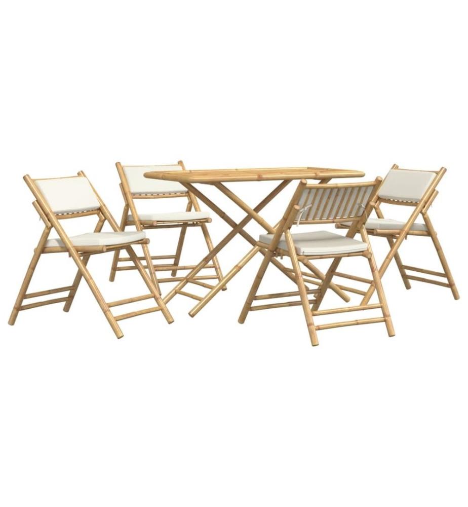 5-tlg. Bistro-Set Klappbar mit Cremeweissen Kissen Bambus