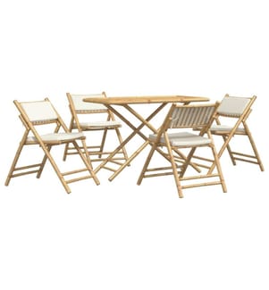 5-tlg. Bistro-Set Klappbar mit Cremeweissen Kissen Bambus