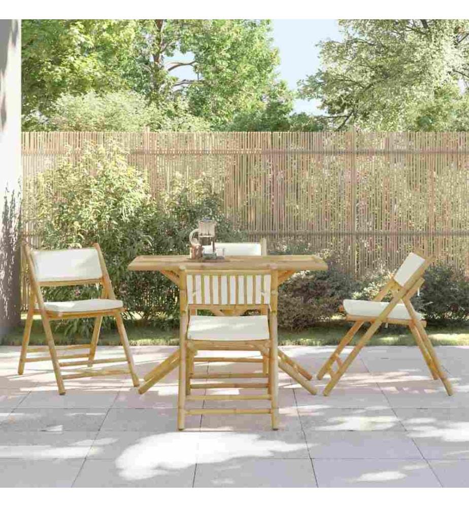 5-tlg. Bistro-Set Klappbar mit Cremeweissen Kissen Bambus