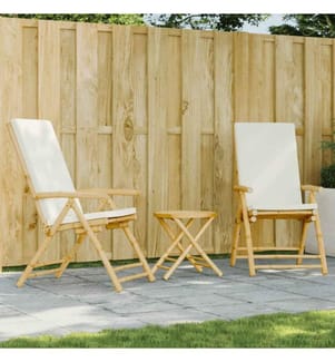 3-tlg. Bistro-Set Klappbar mit Cremeweissen Kissen Bambus