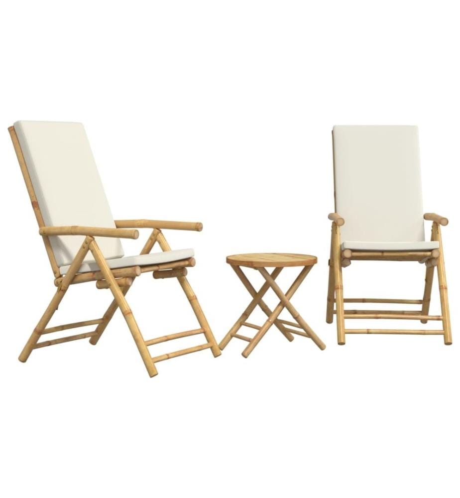 3-tlg. Bistro-Set Klappbar mit Cremeweissen Kissen Bambus