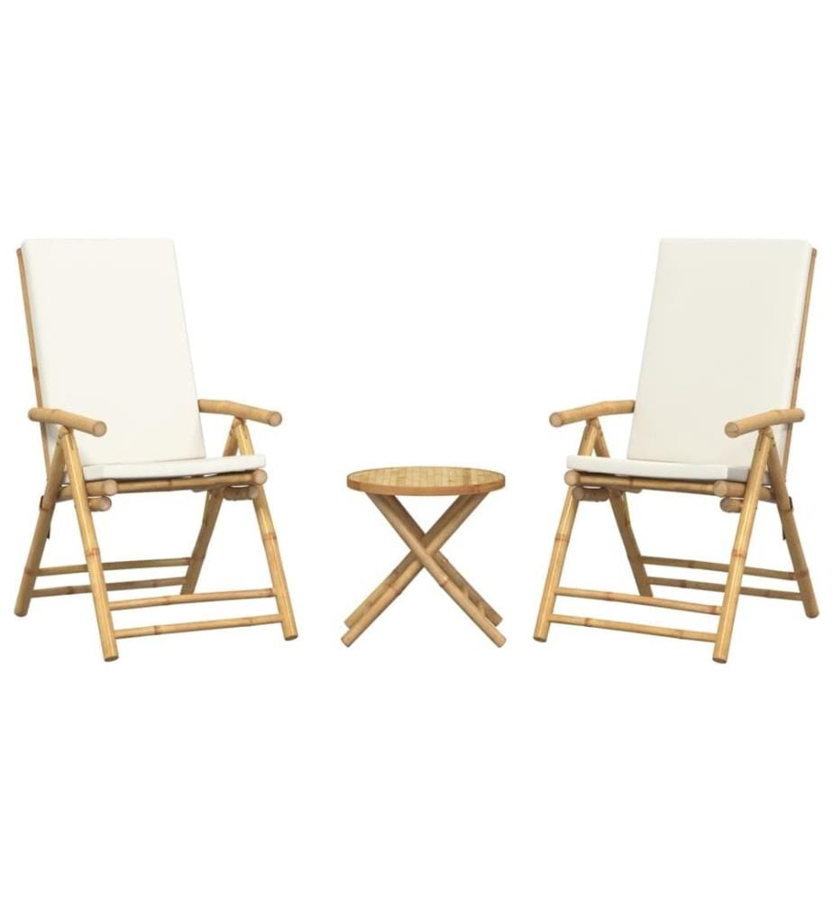 3-tlg. Bistro-Set Klappbar mit Cremeweissen Kissen Bambus