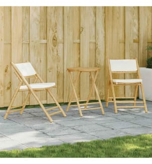 3-tlg. Bistro-Set Klappbar mit Cremeweissen Kissen Bambus