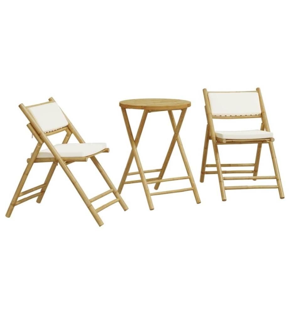 3-tlg. Bistro-Set Klappbar mit Cremeweissen Kissen Bambus