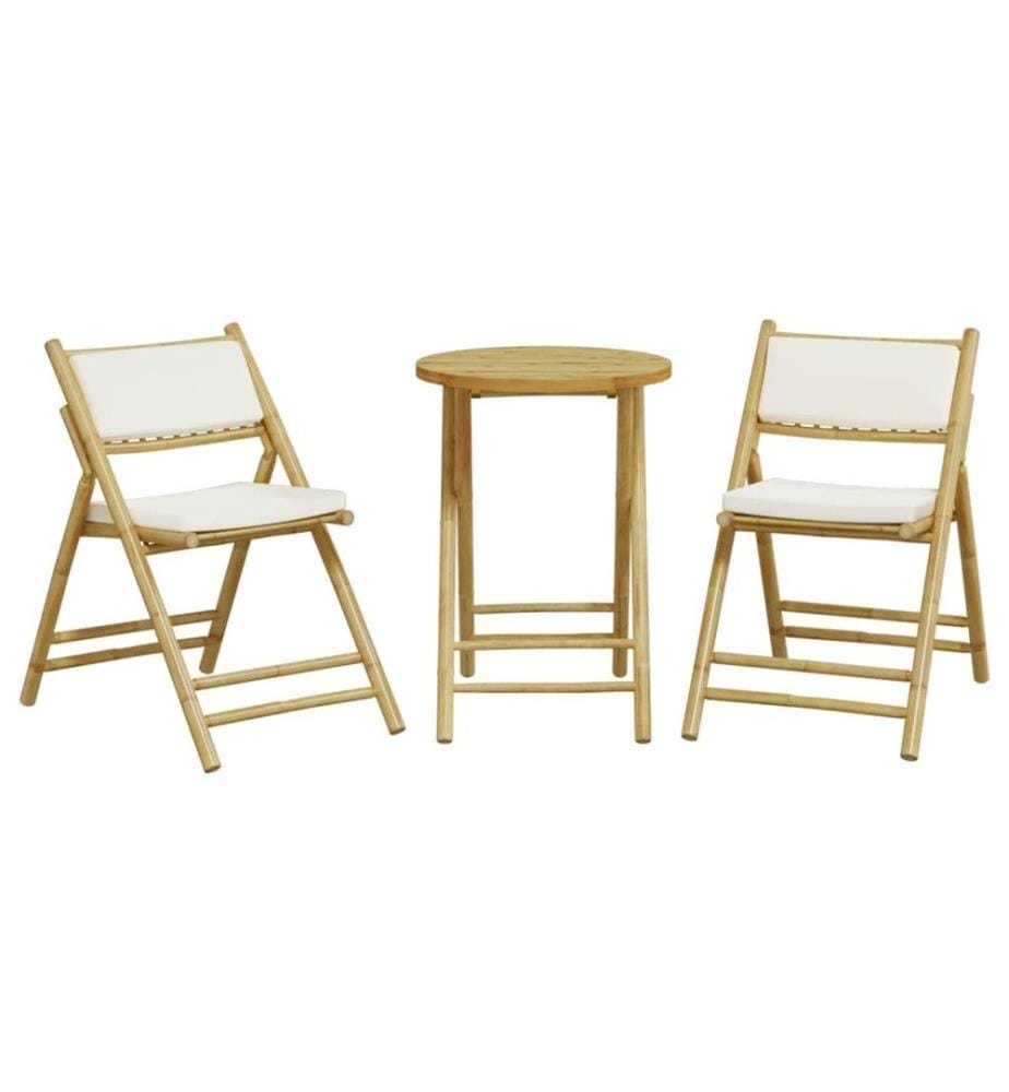 3-tlg. Bistro-Set Klappbar mit Cremeweissen Kissen Bambus