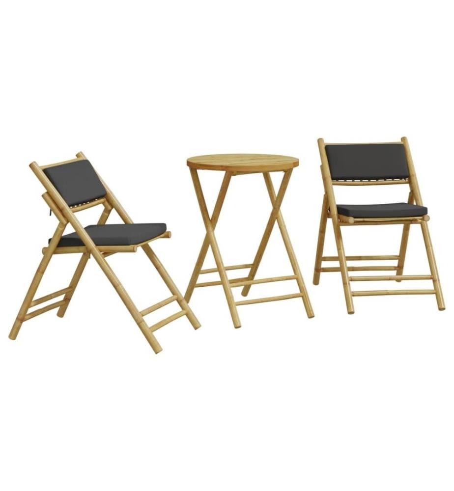 3-tlg. Bistro-Set Klappbar mit Dunkelgrauen Kissen Bambus