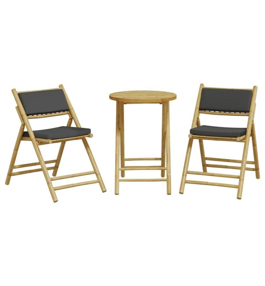 3-tlg. Bistro-Set Klappbar mit Dunkelgrauen Kissen Bambus